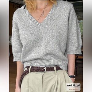Shein Dazy Heather Gray V Neck Short Sleeve Soft Knit Sweater New
